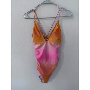 H&M womens swimsuit size small pink orange ombre one piece high leg